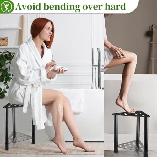 IBosins Corner Shower Stool with Storage Shelf - Compact Bath Bench for Shaving and Sitting in the Shower