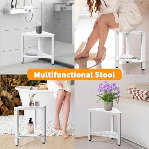 White Acacia Wood Shower Foot Rest with Storage - 15" Stool for Legs
