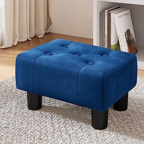 LUE BONA Black Rivet Faux Leather Foot Stool, 9" H, for Adults, Living Room Couch — Navy Blue
