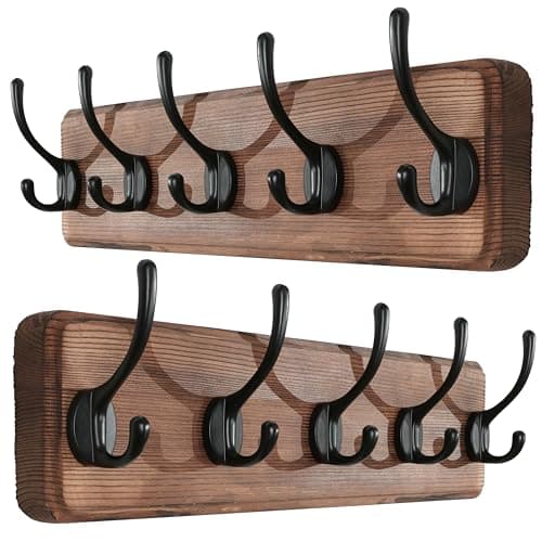 SKOLOO Rustic Pine Wall Mount Coat Rack - 5 Hooks — Brown Plate & Black Hook