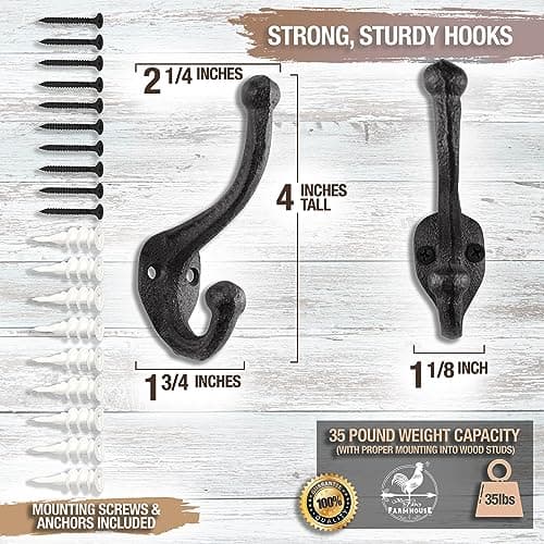 Rustic Antique Black Cast Iron Coat Hooks (5 Pack)