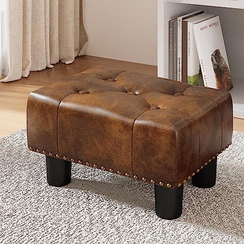 LUE BONA Black Rivet Faux Leather Foot Stool, 9" H, for Adults, Living Room Couch — Yellowish Brown