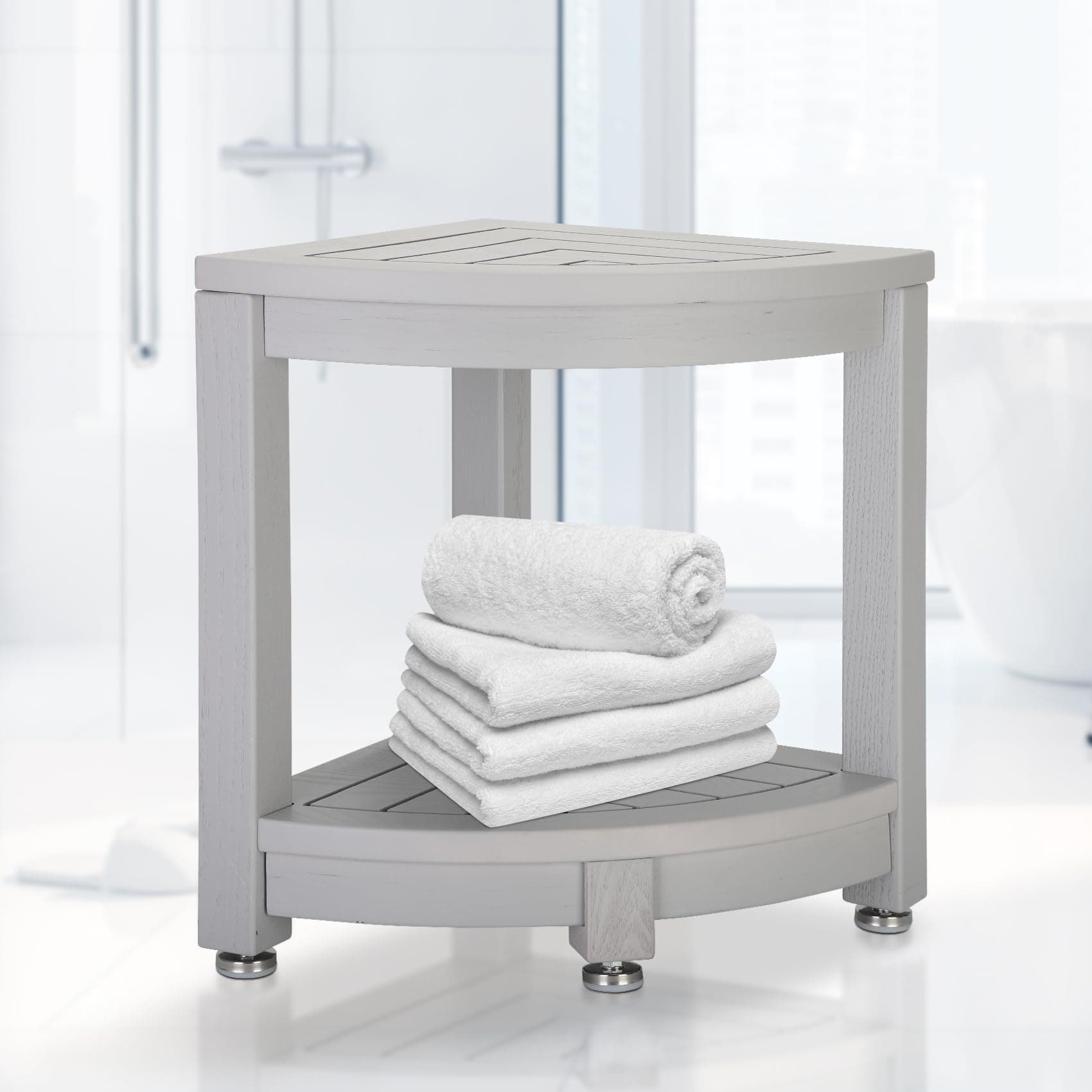 Magam Waterproof Teak Shower Stool with Storage & Non-Slip Feet (Gray)