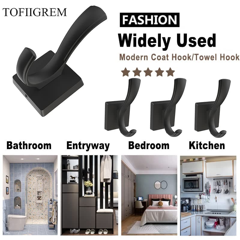 3 Pack Black Towel Hooks for Bathroom Coat & Key Hanging