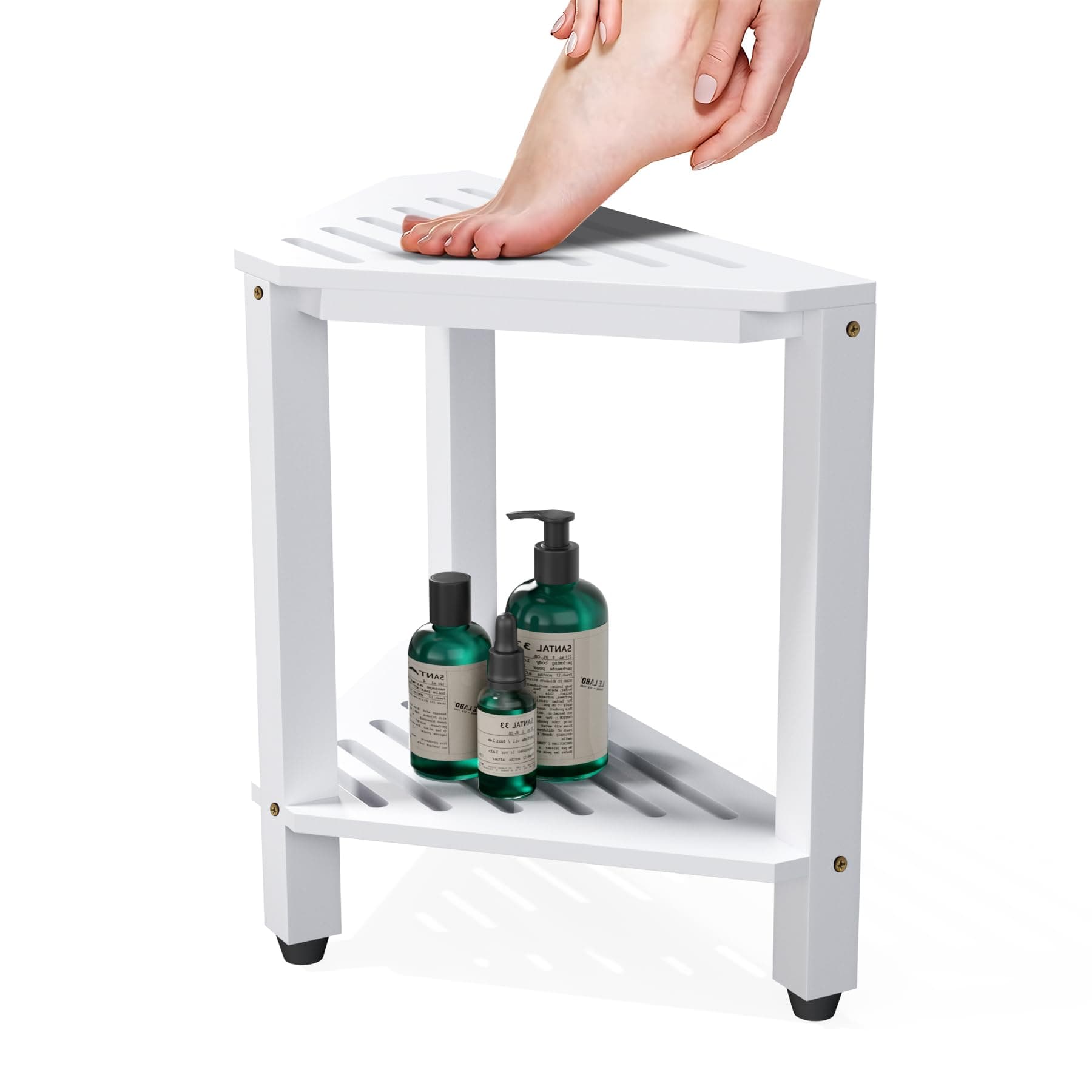 White Acacia Wood Shower Foot Rest with Storage - 15" Stool for Legs