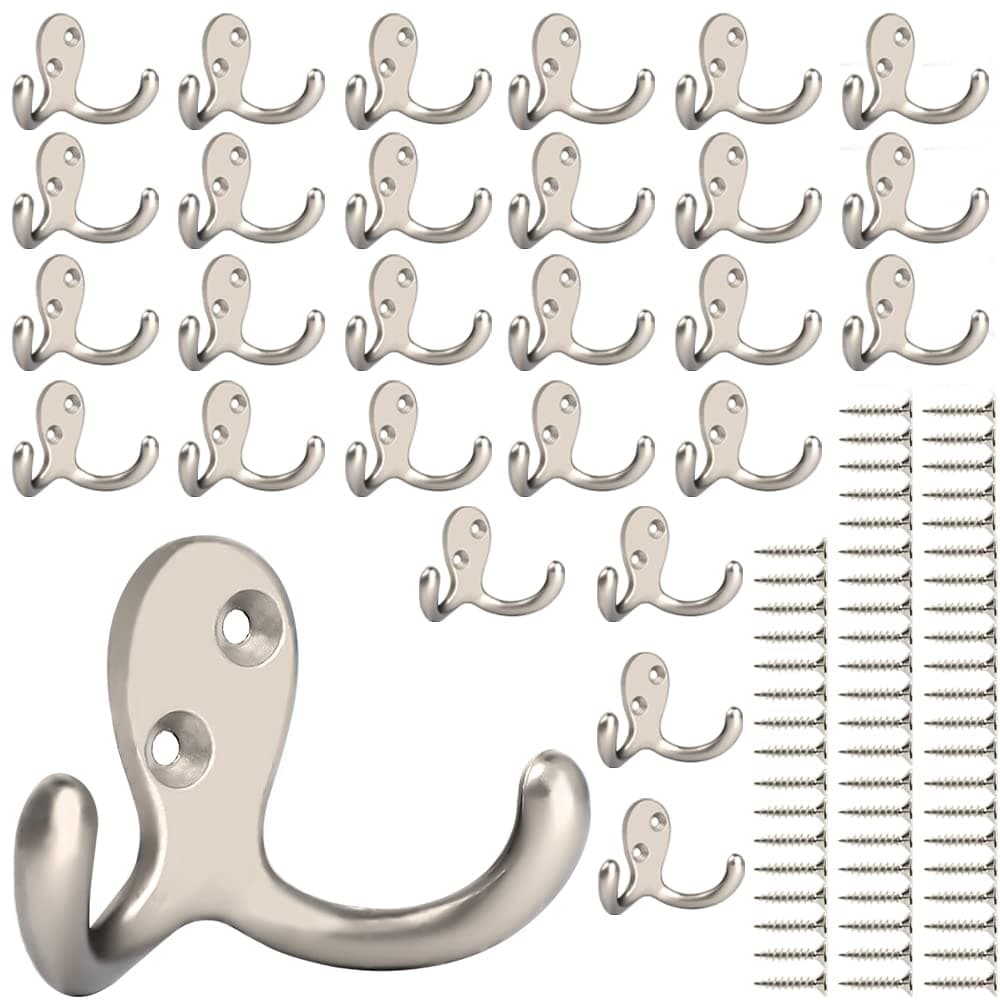 28-Pack Heavy Duty Double Prong Wall Hooks with 56 Screws for Coats, Scarves, Bags, Towels, Keys, Caps, and Hats