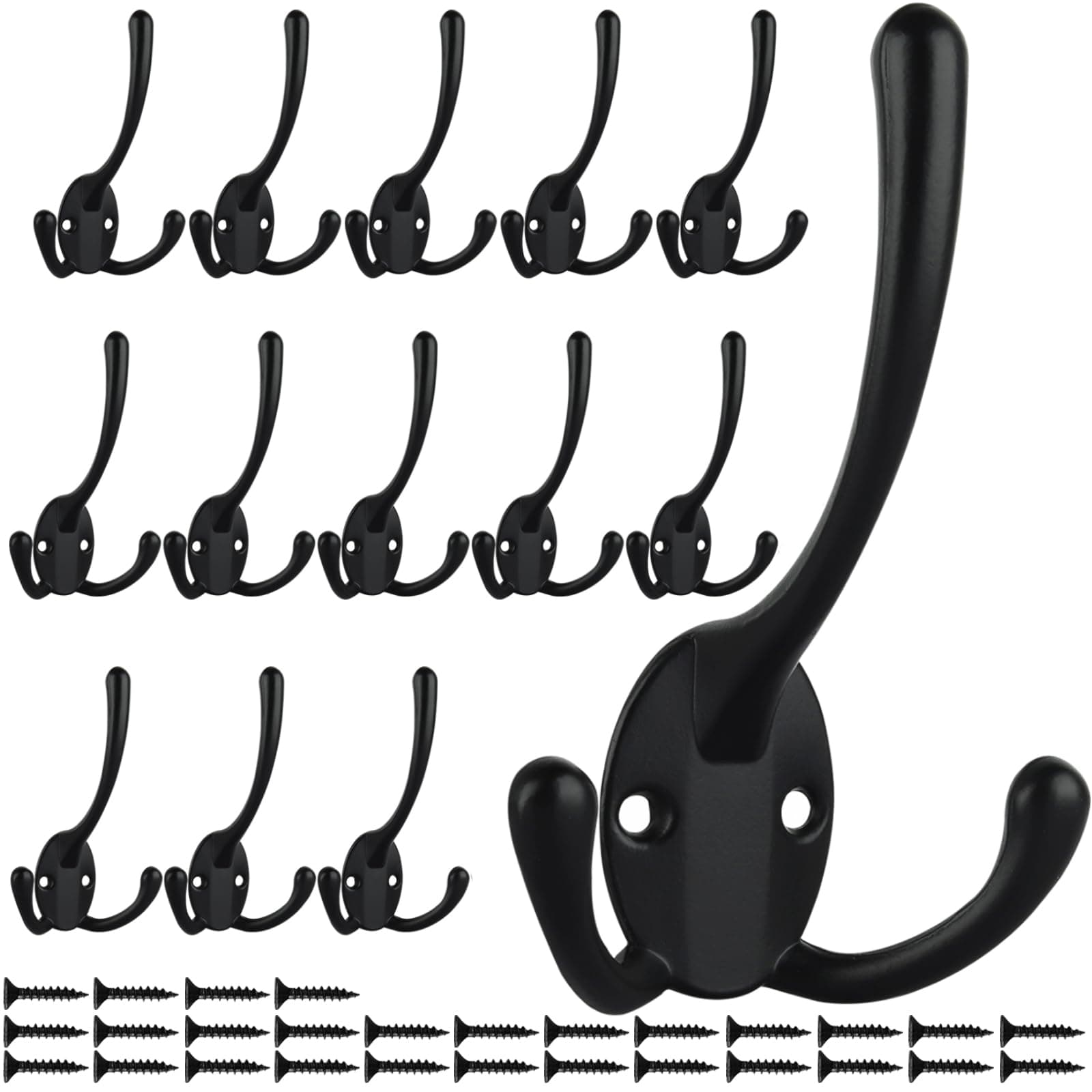 Heavy Duty Triple Coat Hooks Wall Mounted - Set of 14 with Screws, Black - Utility Hooks for Coat, Bag, Towel, Umbrella - Retro Style - Rustic Design - Ideal for Home or Office