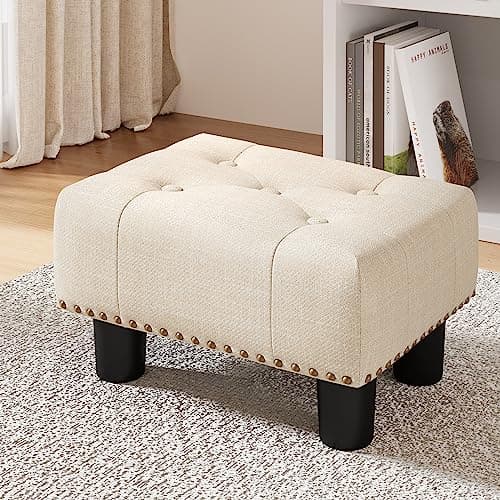 LUE BONA Black Rivet Faux Leather Foot Stool, 9" H, for Adults, Living Room Couch — Beige Linen Color