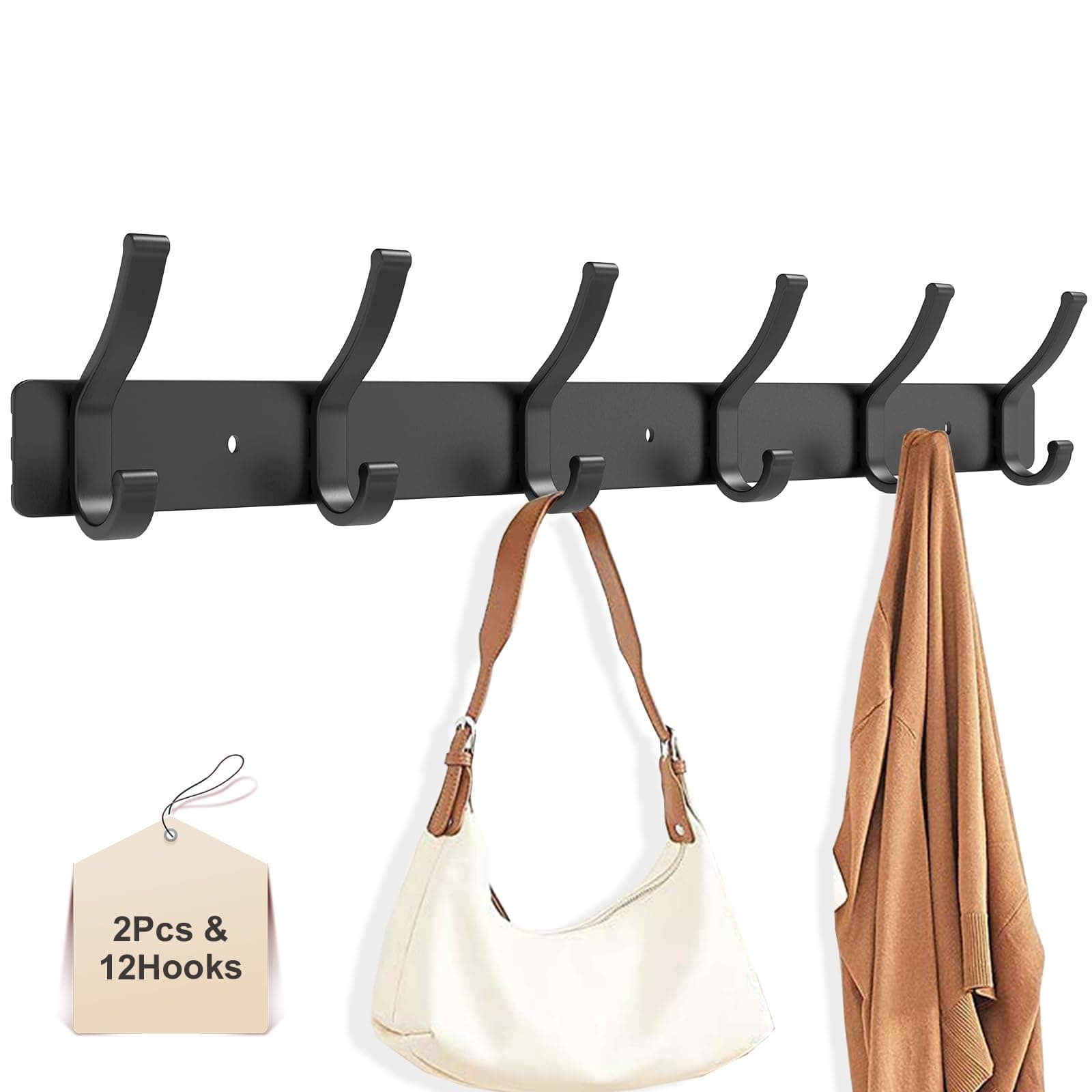 2 Pack Metal Wall Coat Rack with 6 Hooks, Black for Hats and More