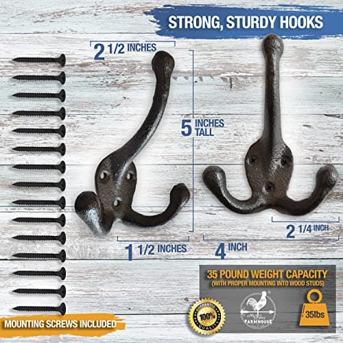 Rustic Black Cast Iron Coat Hooks (5 Pack) - Farmhouse Decor Tri Leg Hooks