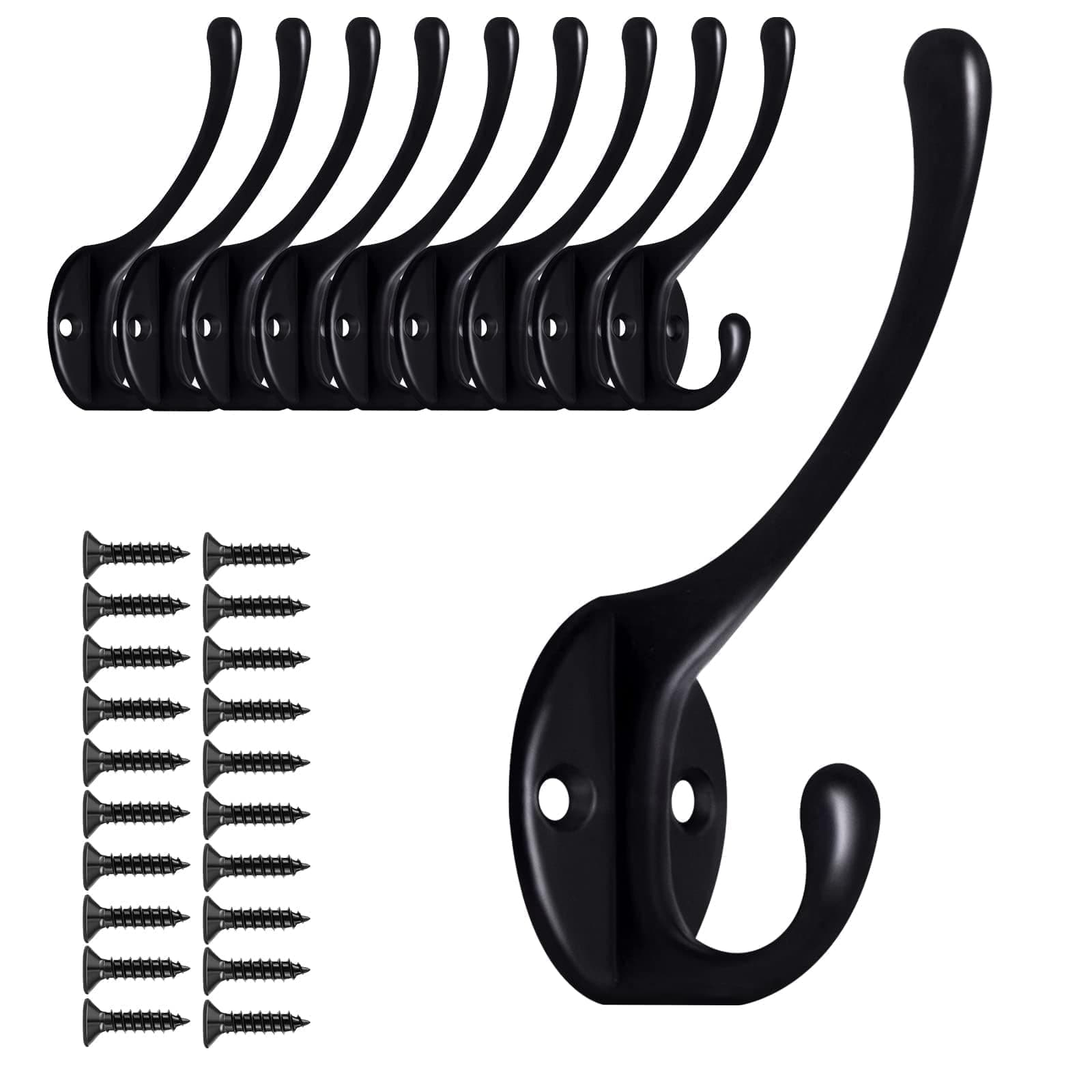 Heavy Duty Metal Wall Hooks (10 Pack), Black - Ideal for Living Room, Bathroom, Kitchen, Bedroom - Coats, Towels, Hats, Keys, Bags