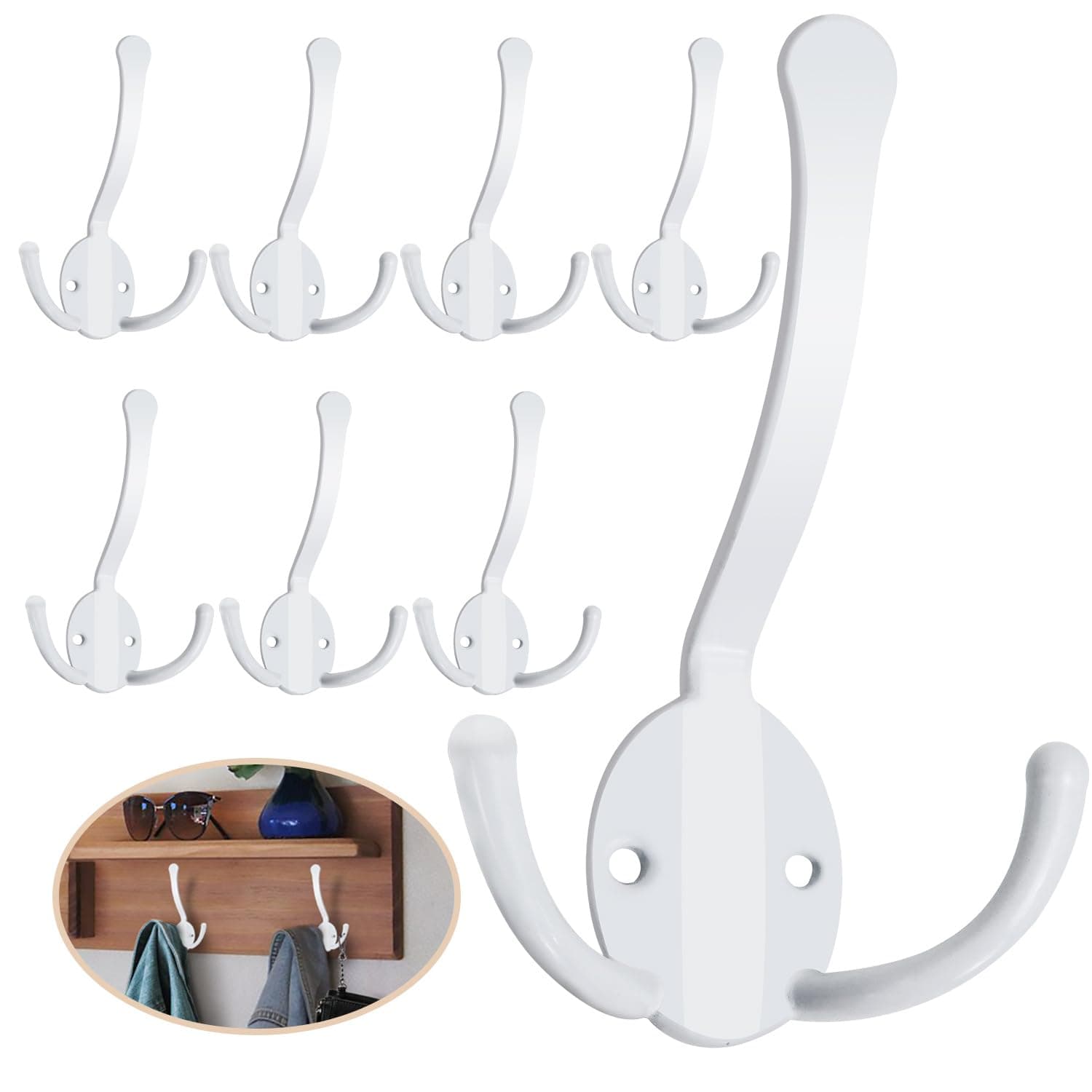 Heavy Duty 8 Pack Metal Coat Hooks, Large Prongs for Hanging Towels, Coats, Scarves - Rustproof White