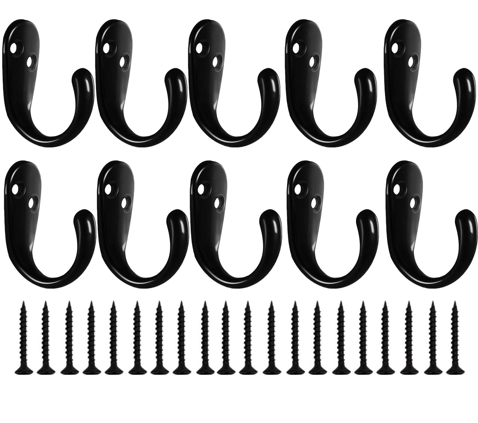 Kruodop 10-Pack Heavy-Duty Wall Hooks for Coats, Handbags, and Towels - Black Metal Hangers with Screws