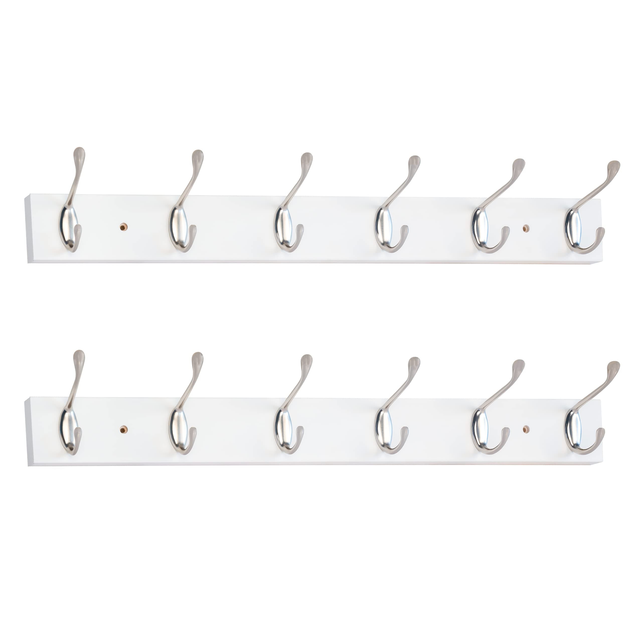 2 Pack 24 Inch Wall Mounted Coat Rack with 6 Hooks, Satin Nickel & White