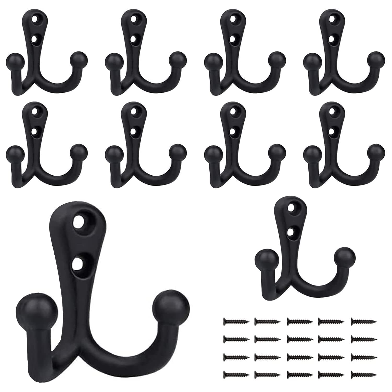 BIGLUFU 10 Pack Heavy Duty Double Prong Coat Hooks Black