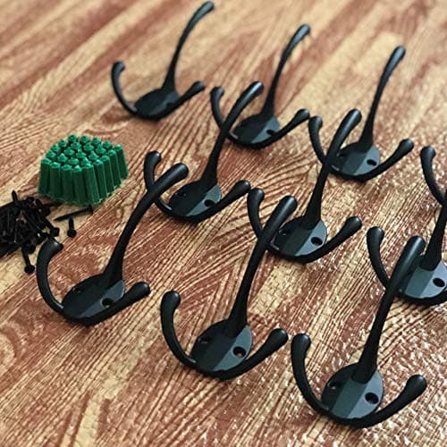 10 Pack Retro Double Utility Coat Hooks for Bath Kitchen Garage (3 Prongs, 50 Screws Included)