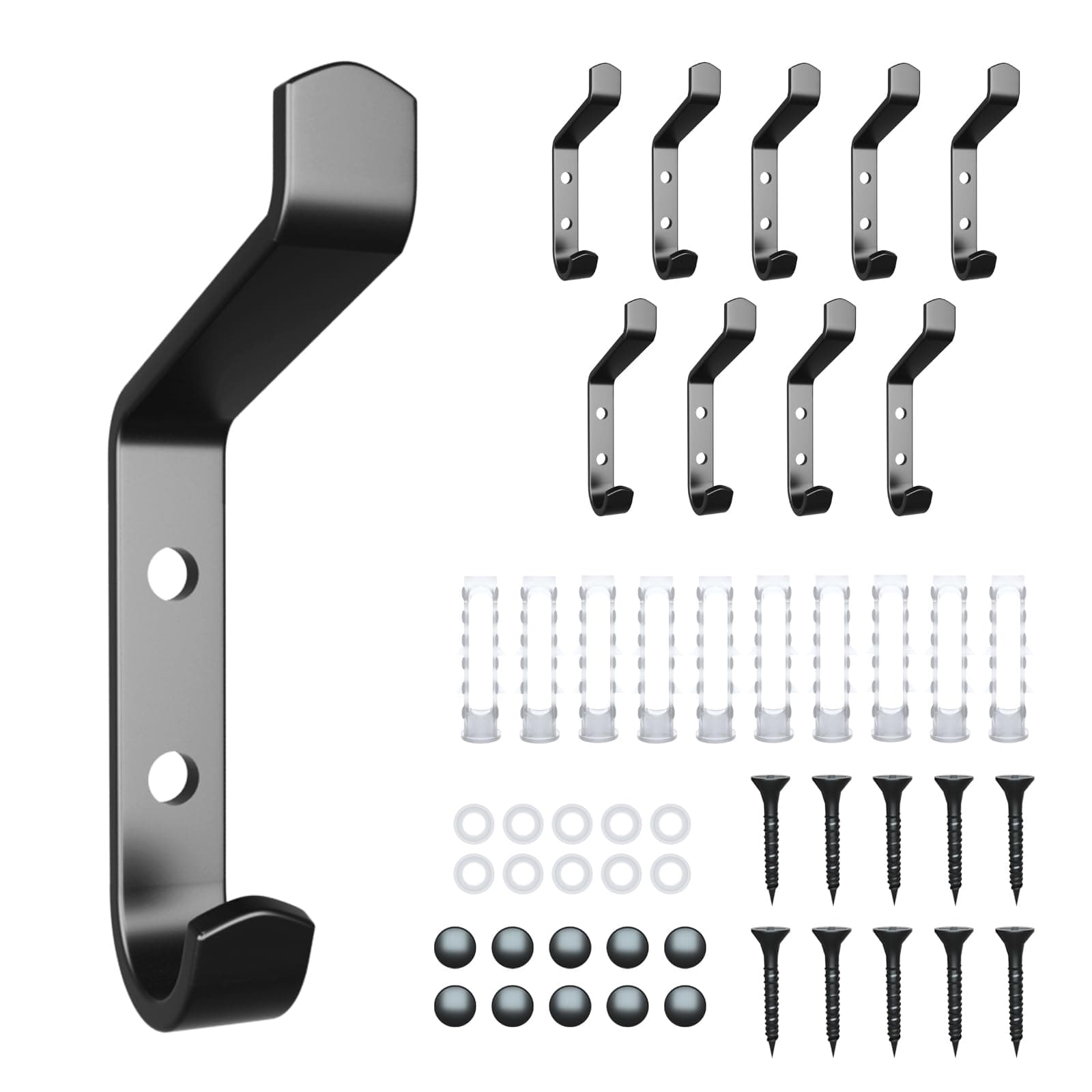 10PCS Heavy Duty Black Metal Wall Hooks for Coat, Towel & Hat Hangers with 20 Screws