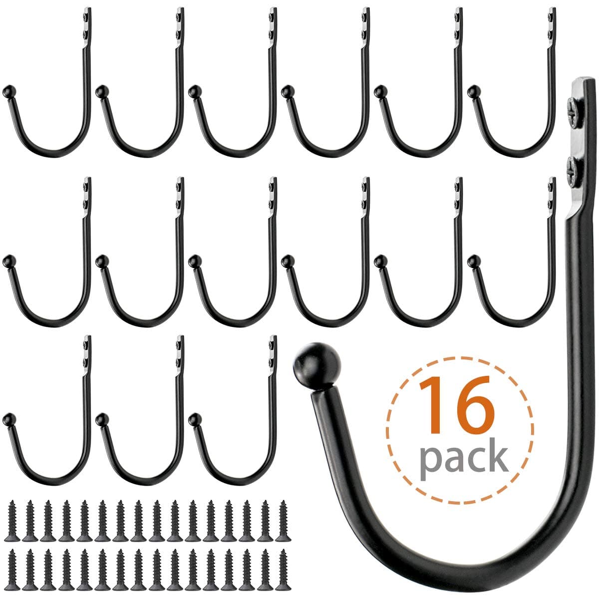 Black Wrought Iron J Hook 16pcs Wall Mount Towel Hat Key Hanger, 32 Screws, Entryway Bathroom Kitchen Mudroom Decor