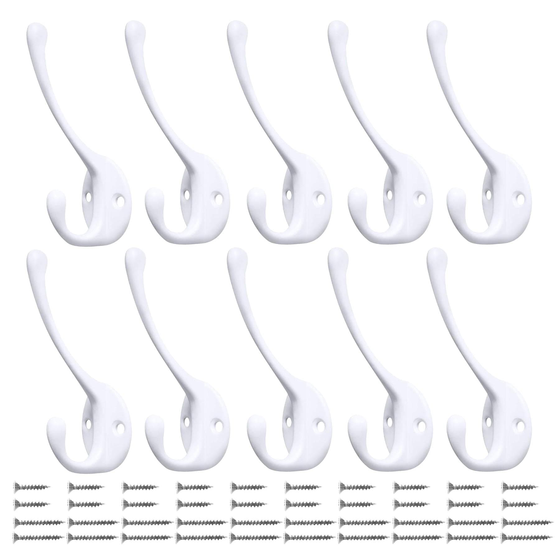 10 Pack Heavy Duty Dual Coat Hooks - Wall Mount with 40 Screws