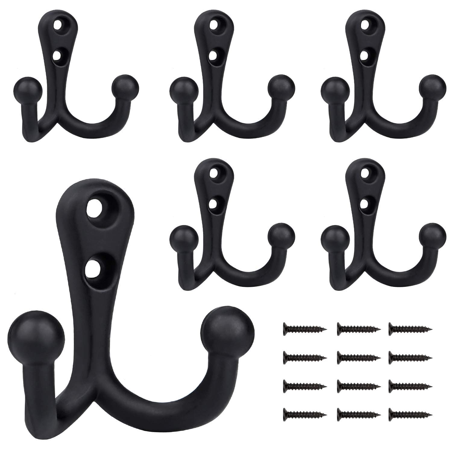 6-pack Heavy Duty Vintage Coat Hooks with Double Prongs for Wall Mounting - Black