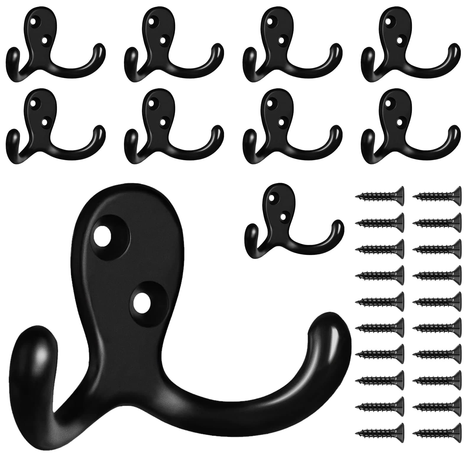 10 Pack Heavy Duty Wall Hooks for Coats, Bags, and Towels - Metal Double Prong (Black)