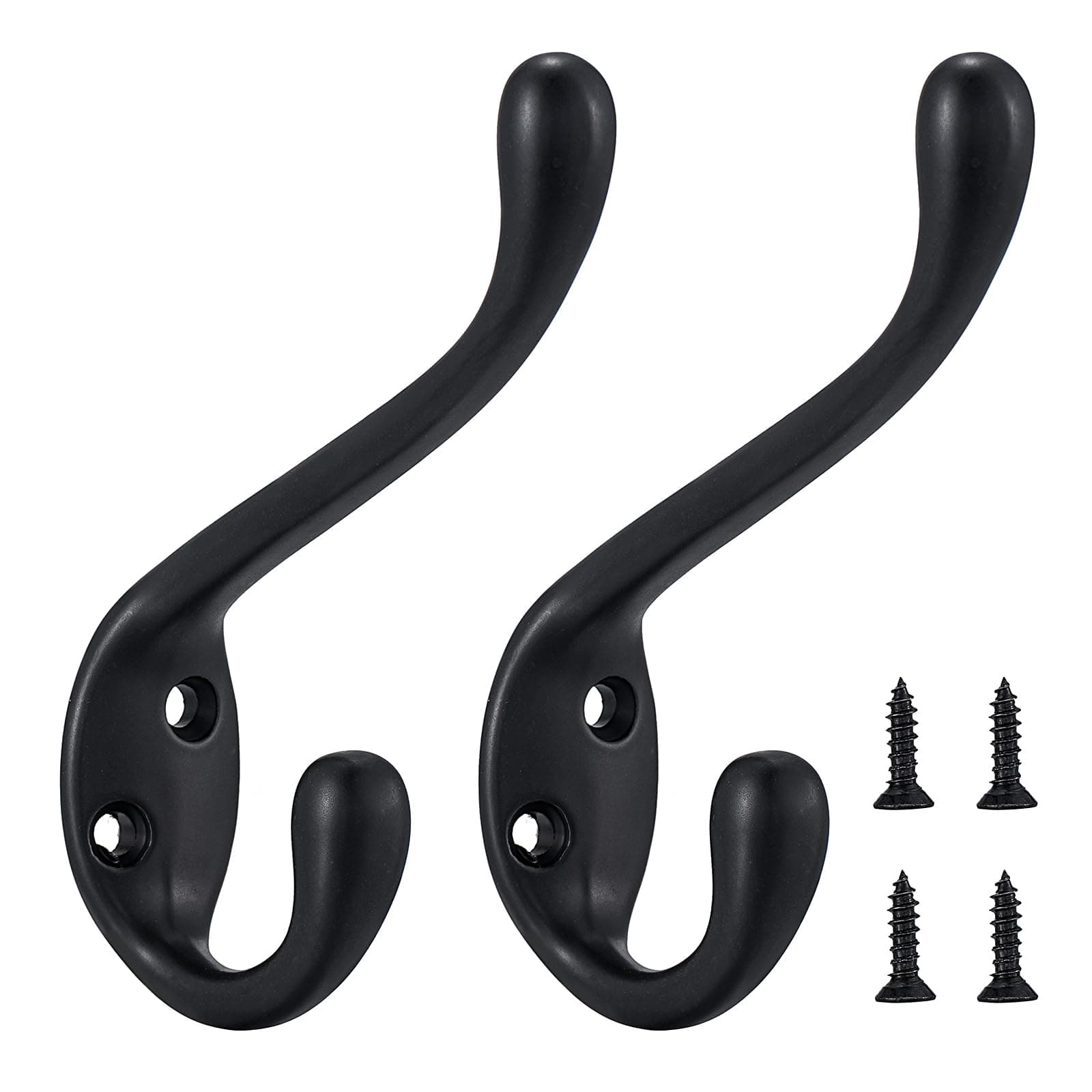 Durable Wall Mounted Coat Hooks - 5 Pack - Matte Black Double Prongs for Hanging Clothes/Towels