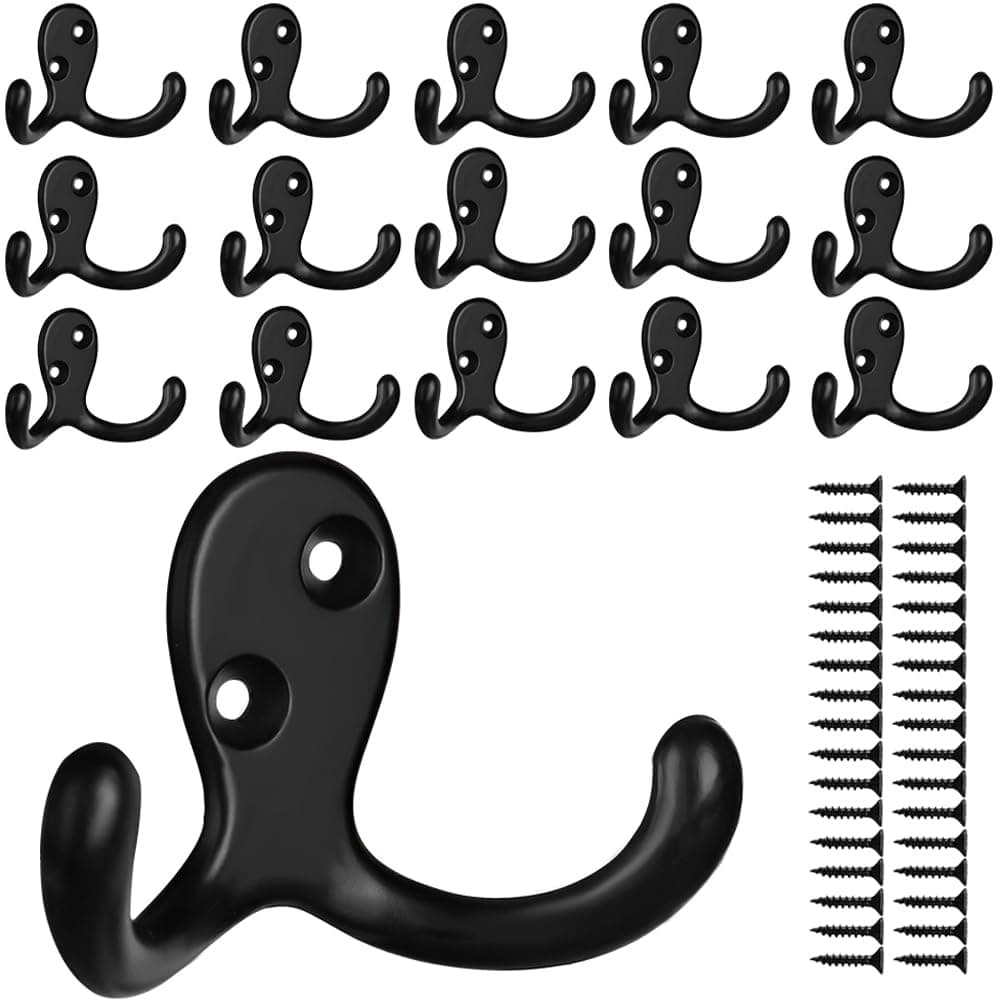 IBosins 16-Pack Heavy Duty Wall-Mounted Double Prong Coat Hooks (Black)