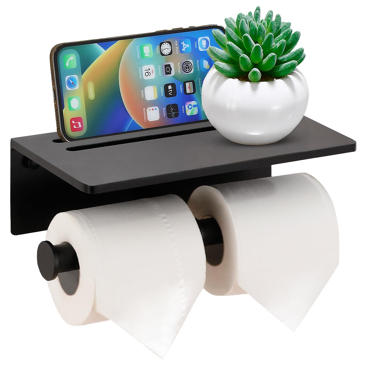 Rustproof Black 3M Adhesive Toilet Paper Holder with Phone Shelf