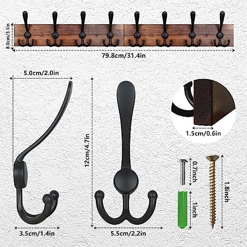 Wall Mounted Coat Rack with 8 Hooks for Entryway