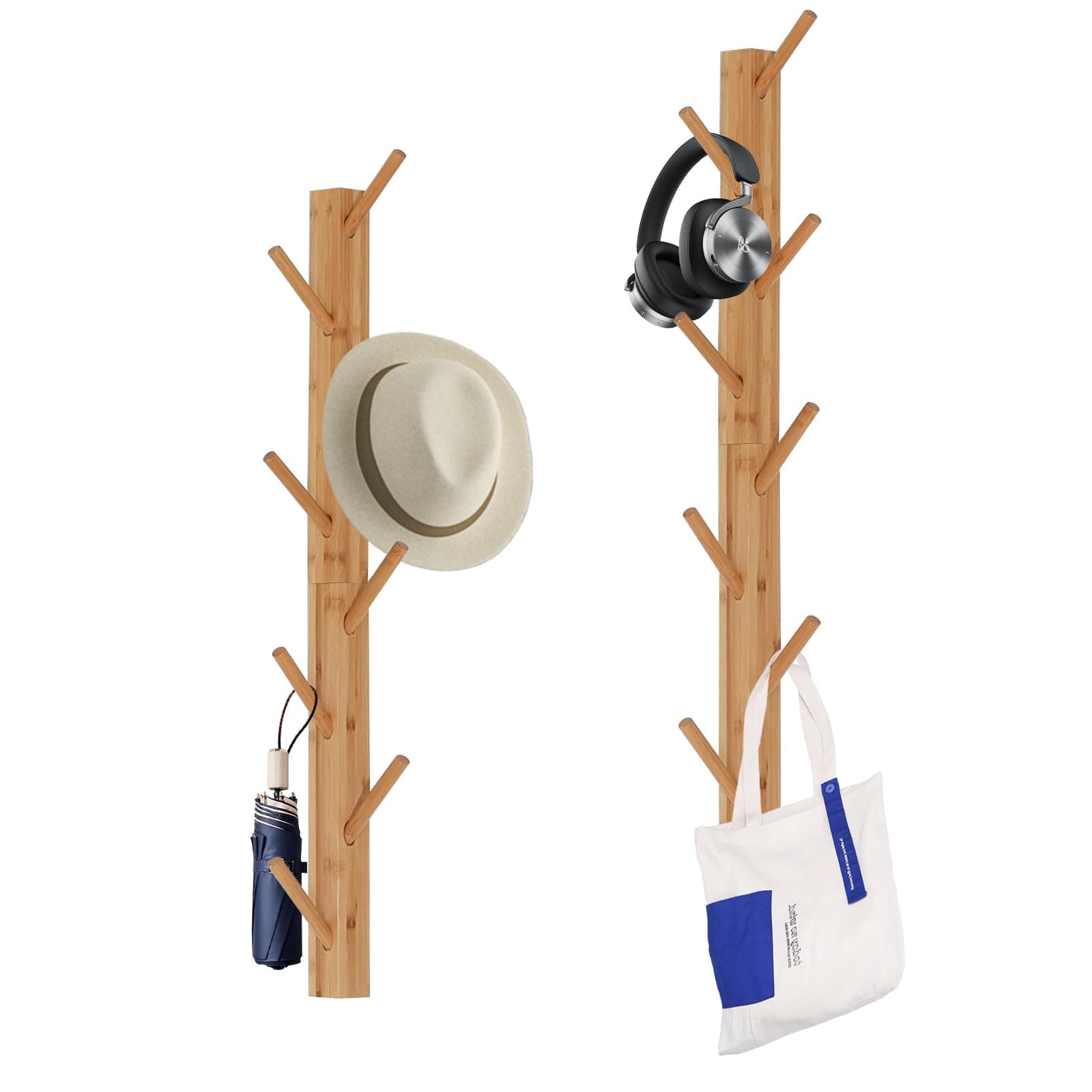 2-Pack Natural Bamboo Wood WallHooks 8-Coat Rack Entryway