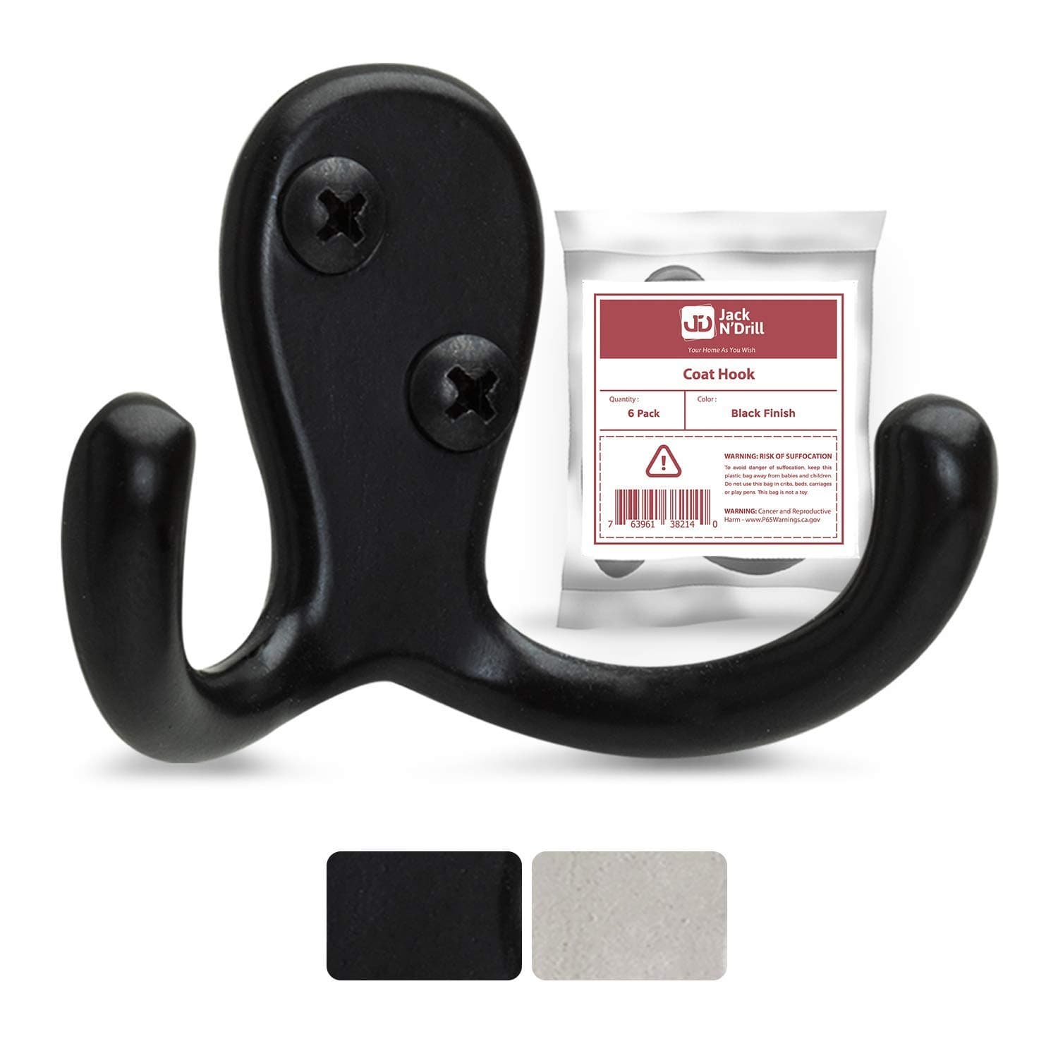 Jack N’ Drill 5+1 Pack Black Finish Double Coat Hooks
