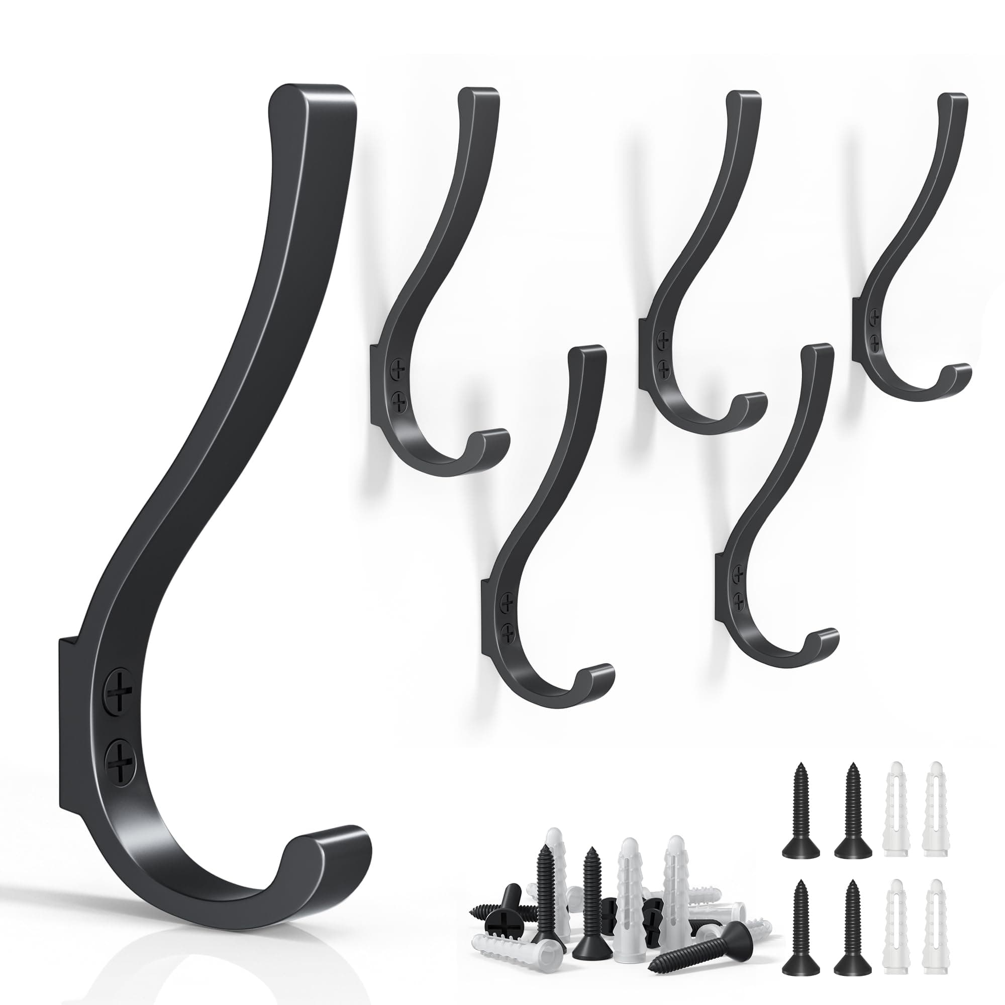 6PCS Large Black Coat Hooks, Heavy Duty for Backpacks, Bathroom, Mudroom, Entryway