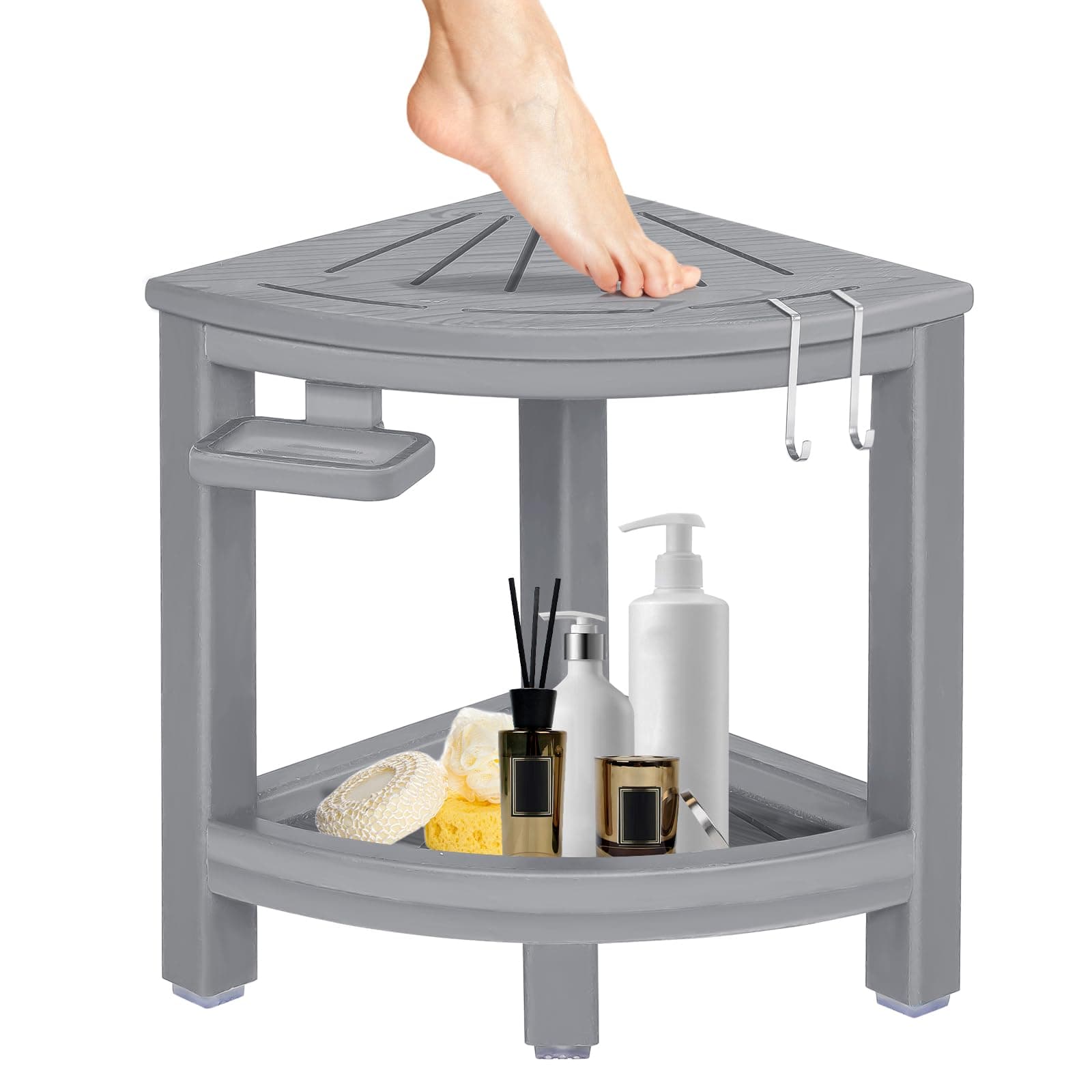 HDPE Non-Slip Grey Corner Shower Stool with Hooks & Soap Dish