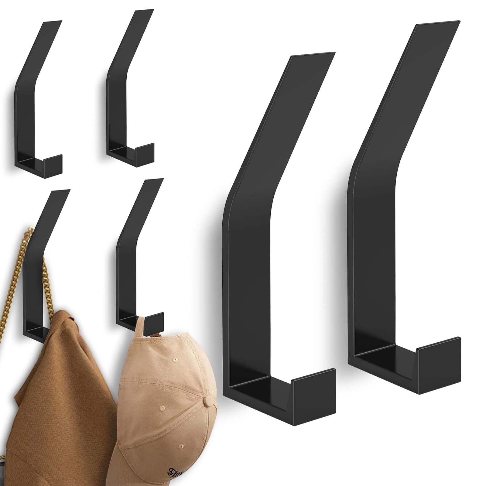 Heavy Duty 6 Pack Wall Mount Coat Hooks - Black, Decorative Metal for Mudroom Bathrobe Hanging