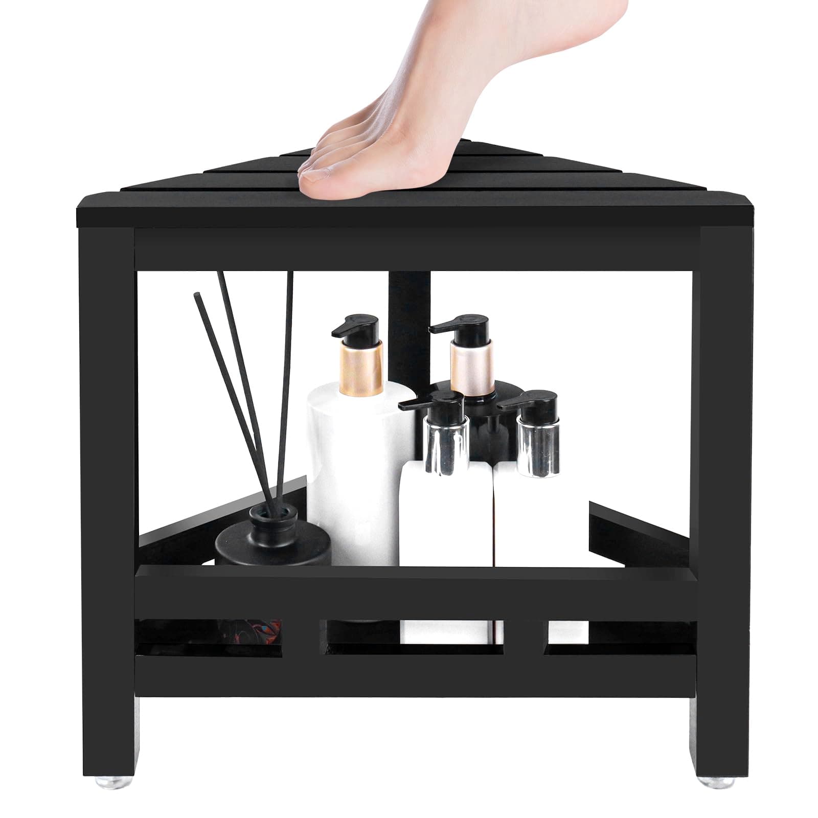 Updated Bamboo Corner Shower Stool, Waterproof with Storage, Anti-Slip Pad (Black)