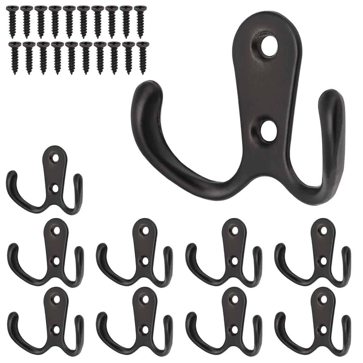 Heavy Duty Double Prong Wall Mount Coat Hooks (10 Pack, Black)