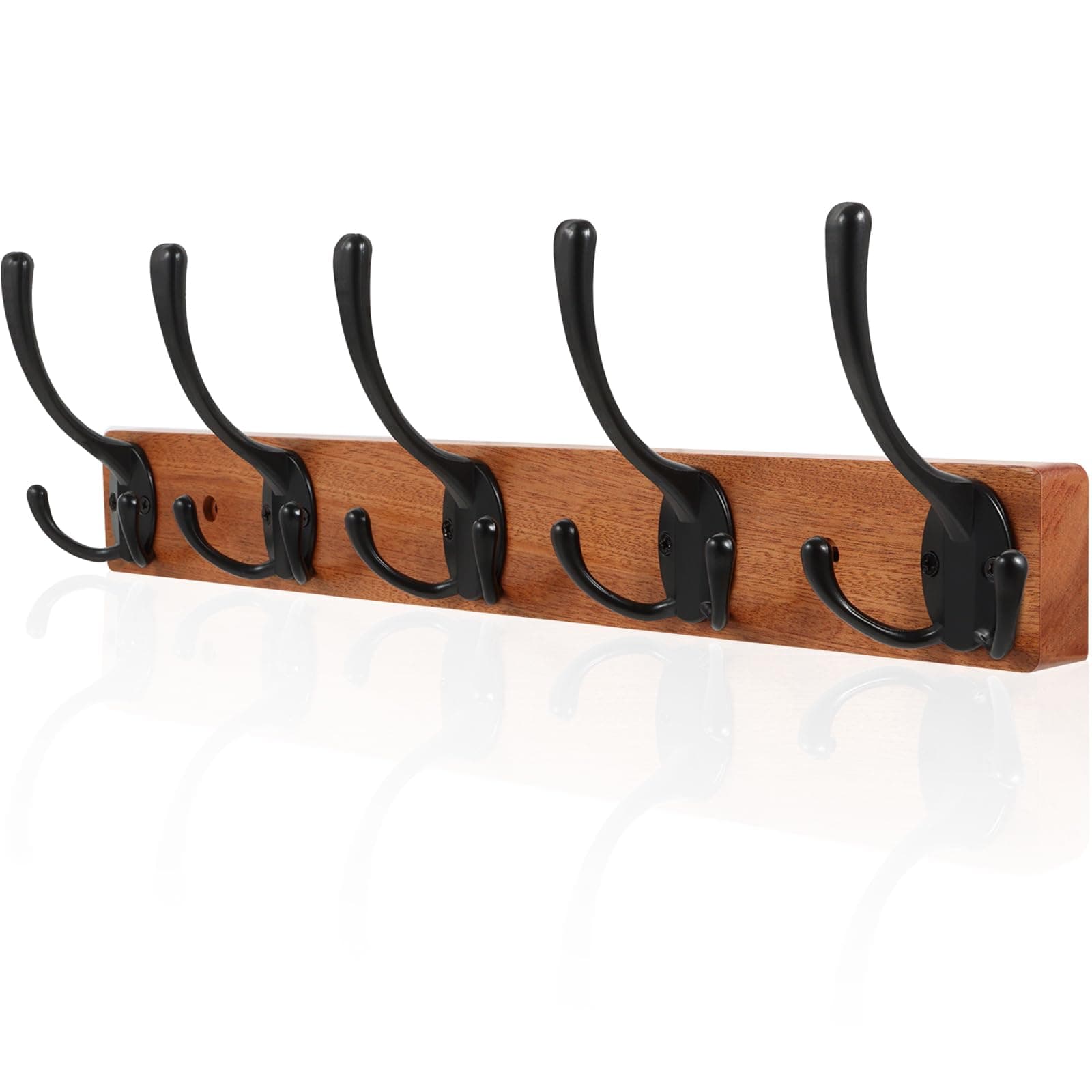 Wall Mounted Coat Rack with 5 Hooks, Wooden and Metal Design for Entryway
