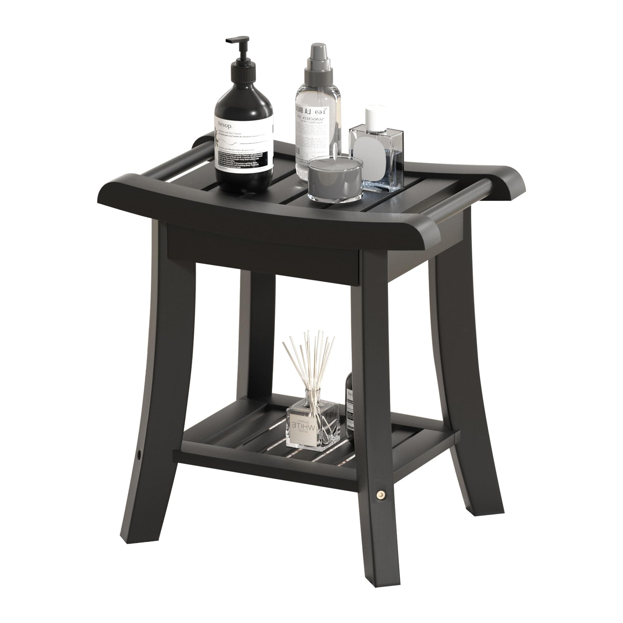 Black Bamboo Shower Bench Stool with Storage for Small Spaces