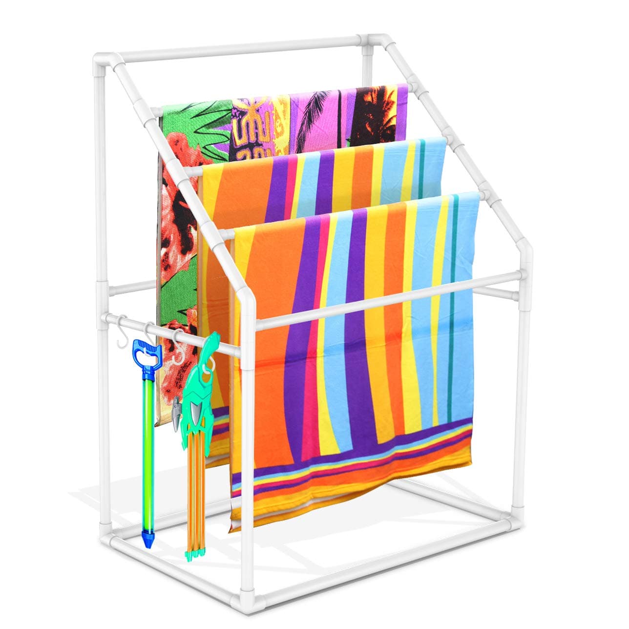 Heavy Duty Poolside Towel Rack for Pool, Lake, RV, PVC Outdoor Shelf, Includes 4 Towel Clips & Hammer
