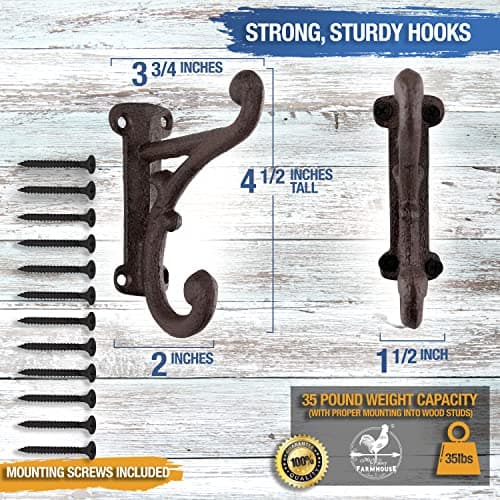 Rustic Dark Brown Cast Iron Coat Hooks (3 Pack)