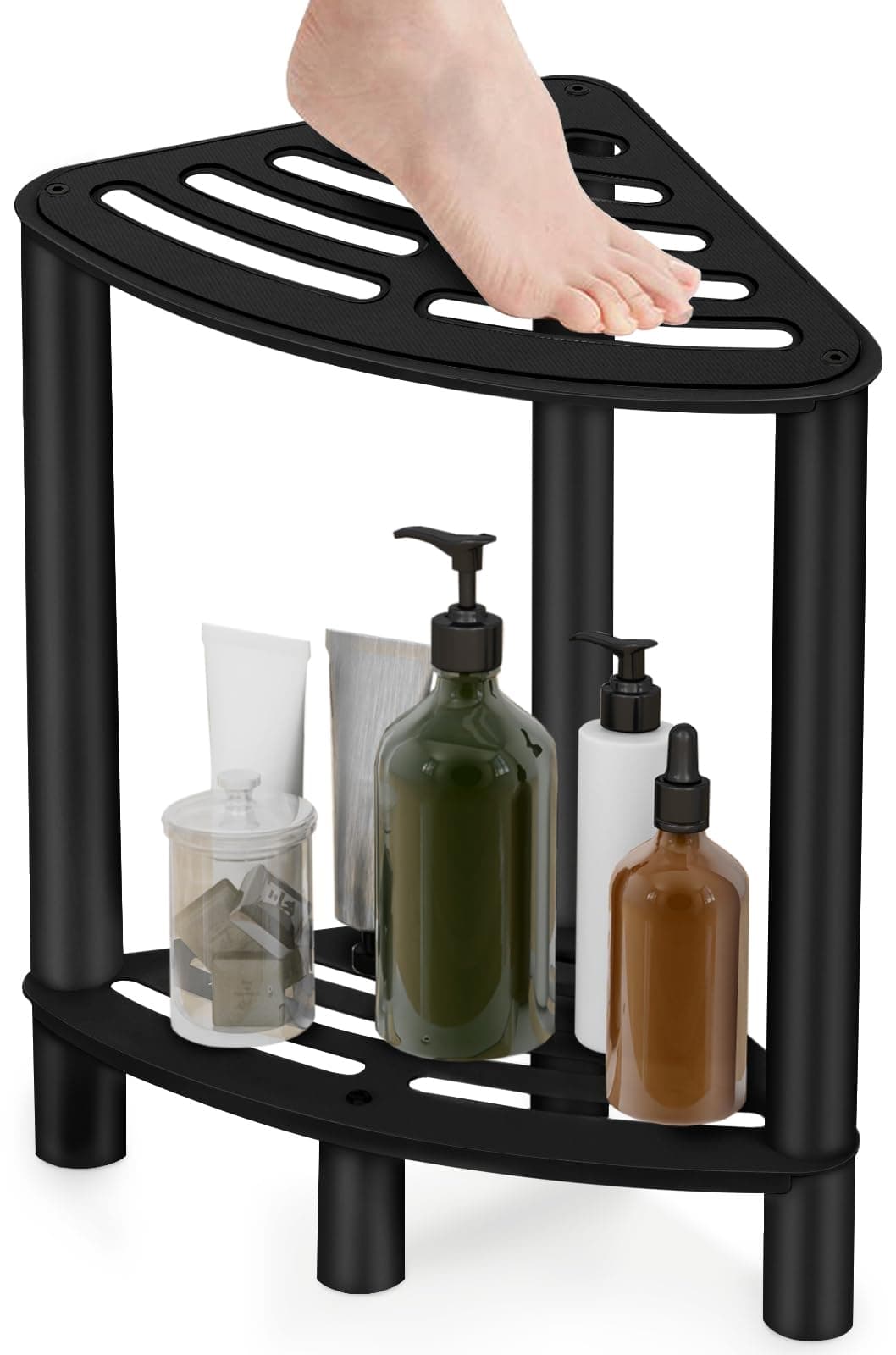 Corner Shower Stool for Shaving Legs, Matte Black Waterproof, Small with Rubber Cushion
