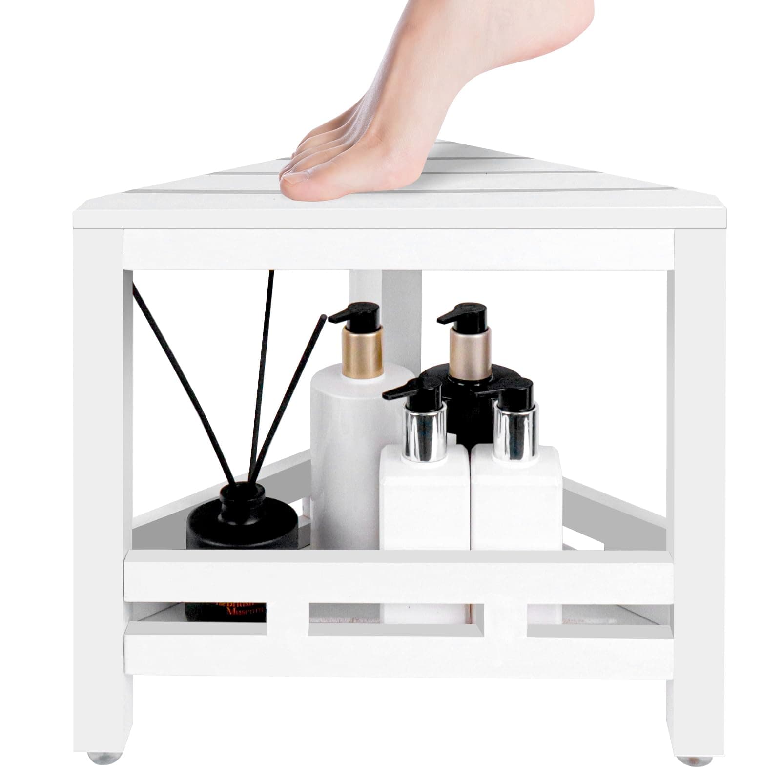 Waterproof White Bamboo Shower Stool with Leg Shaving Storage (13.5 in)