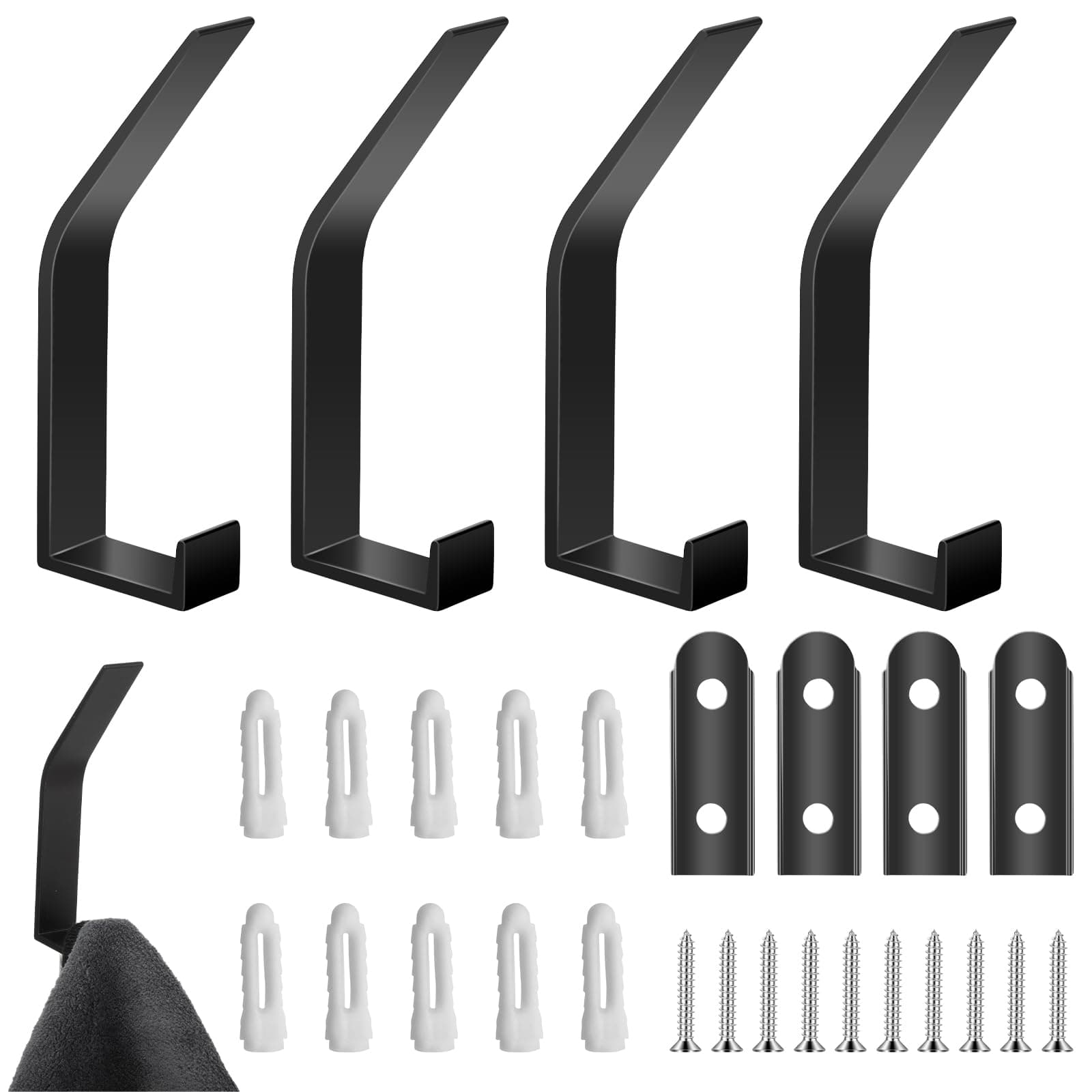 4 Pack Wall Mount Coat Hooks, Heavy Duty Metal Rack with Screws (Black)