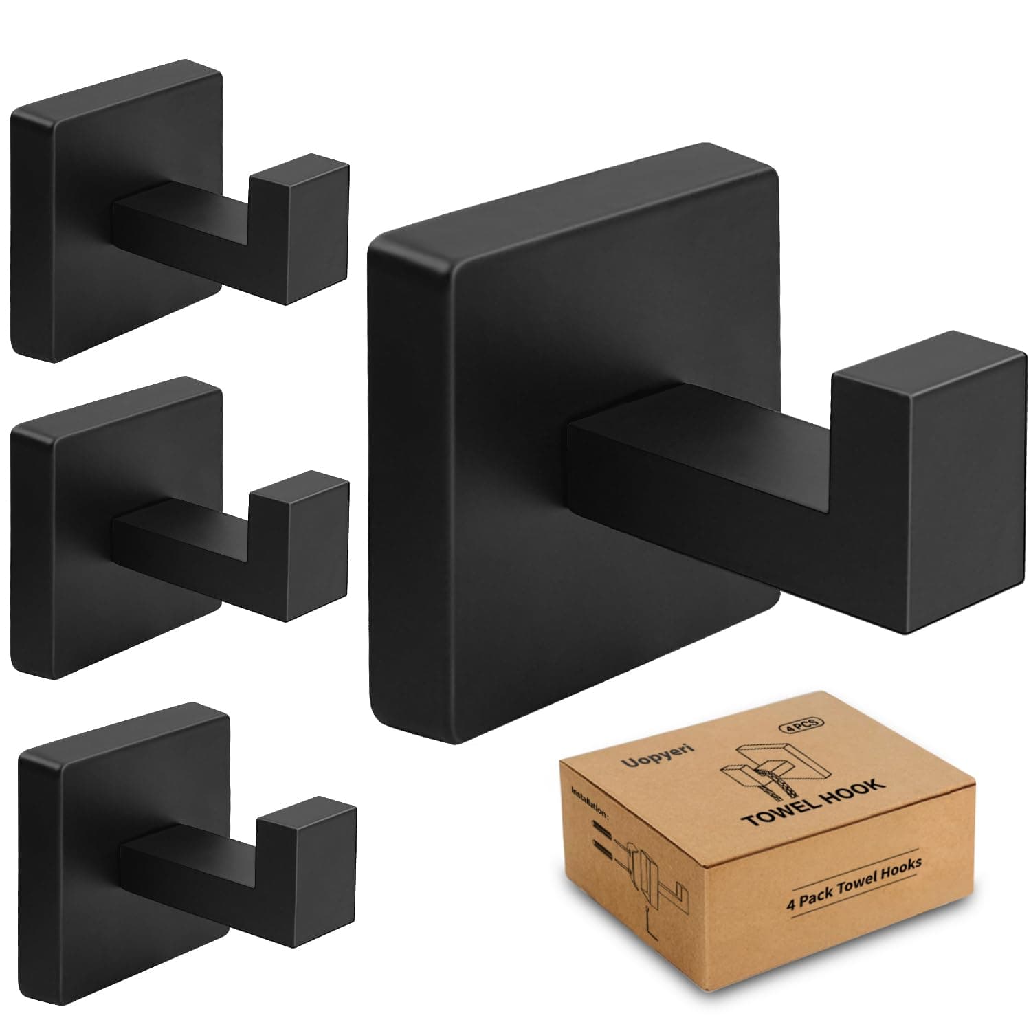 4 Pack Matte Black Stainless Steel Towel Hooks - Modern Design for Home & Closet