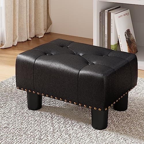 LUE BONA Black Rivet Faux Leather Foot Stool, 9" H, for Adults, Living Room Couch
