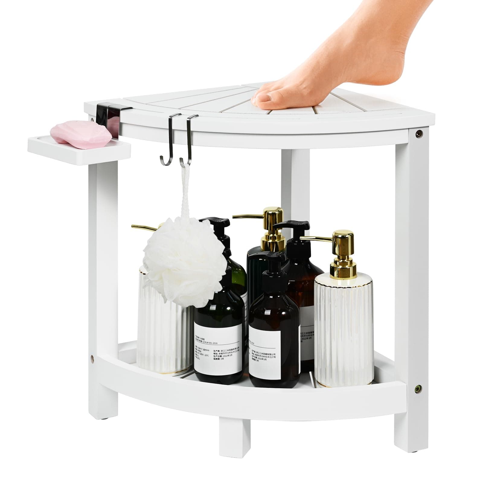 Ollieroo White 2-Tier Bamboo Corner Shower Stool with Storage