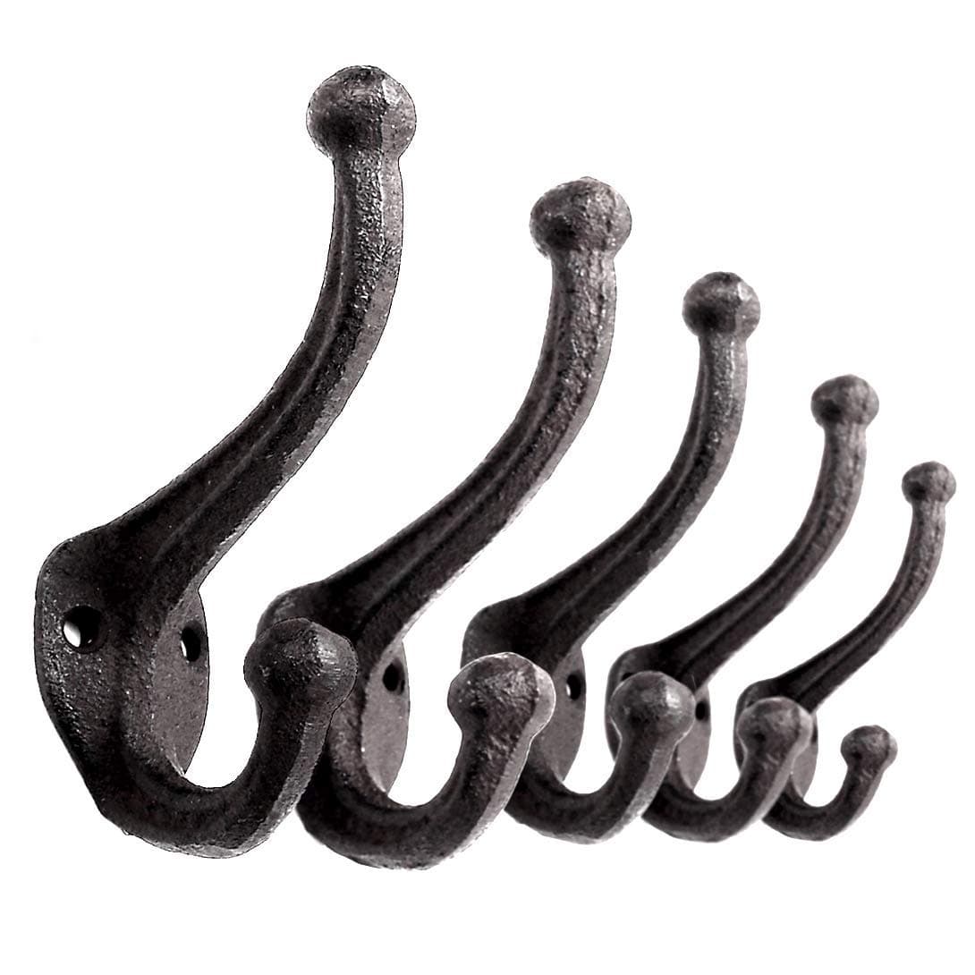 5-Pack Ambipolar Heavy Duty Cast Iron Wall Hooks - Rustic Antique Black for Mudroom and More
