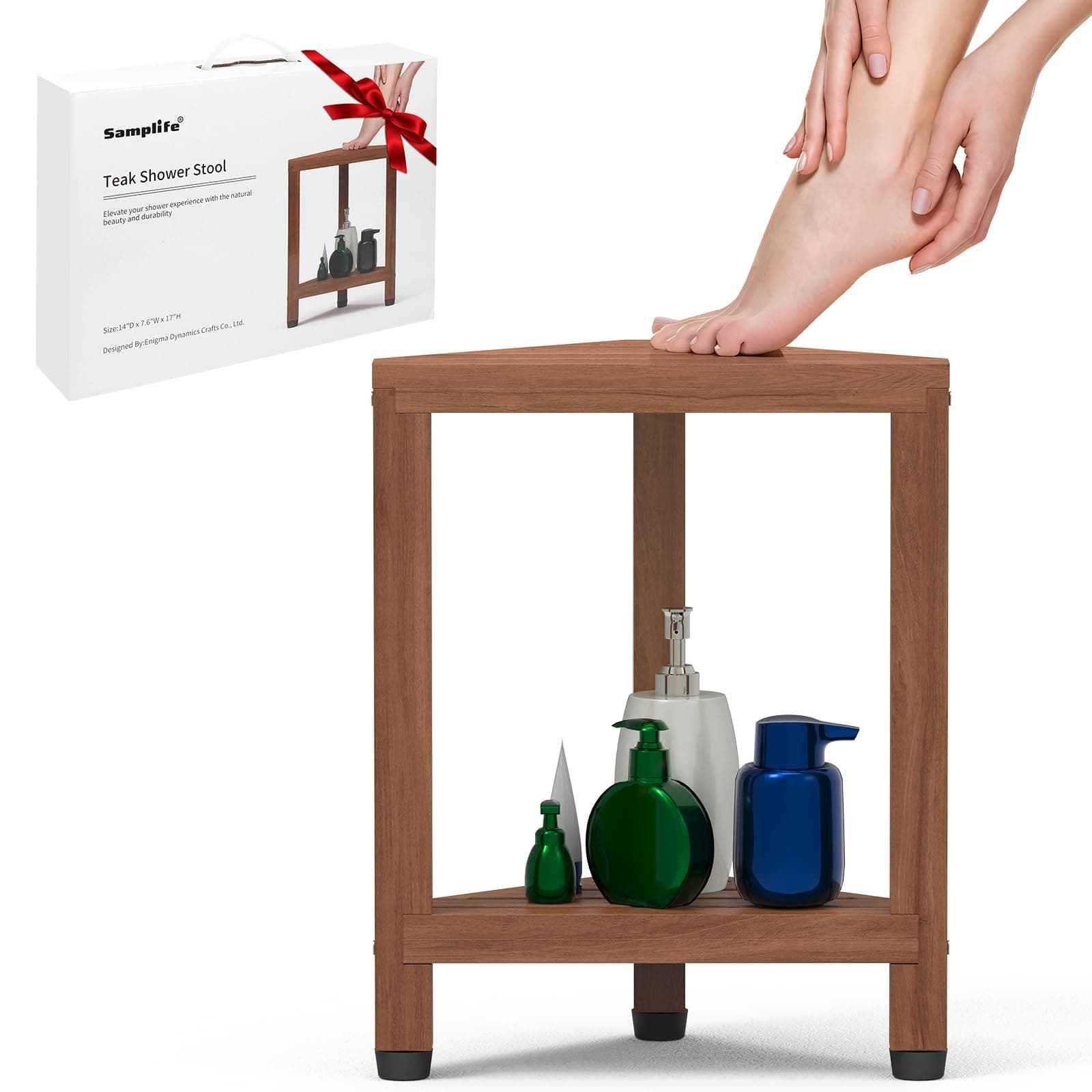 Teak Corner Shower Stool for Shaving Legs and Storage Shelf