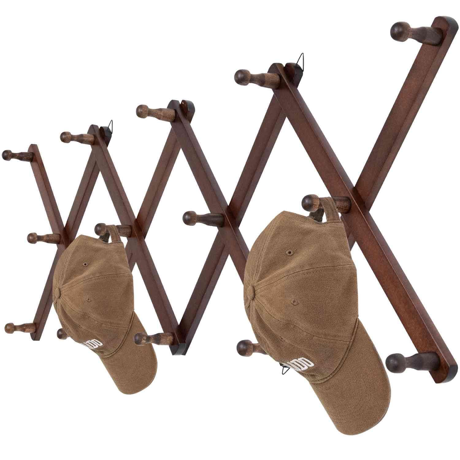 Qiannhee Brown Solid Wood Hat Rack with 14 Hooks for Wall