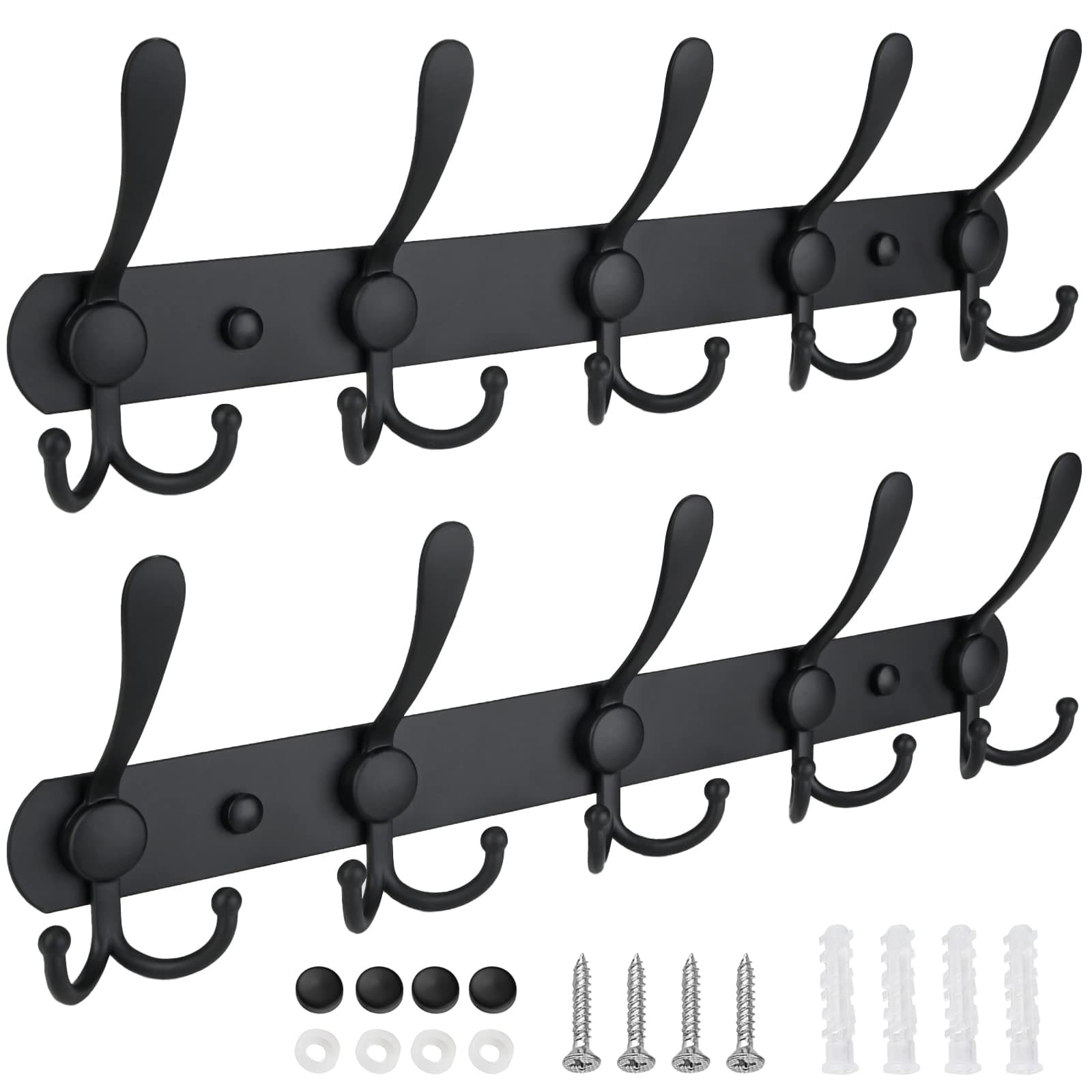 Wall Mounted Coat Rack with Five Tri Hooks (2-Pack) - Matte Black, Heavy Duty Metal Construction for Mudroom Entryway